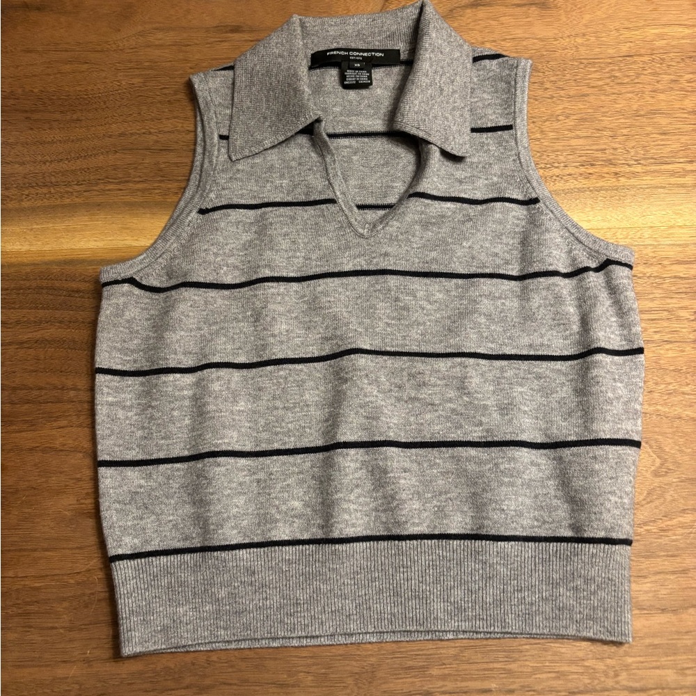 French Cashmere Gray Striped Sleeveless Sweater Vest